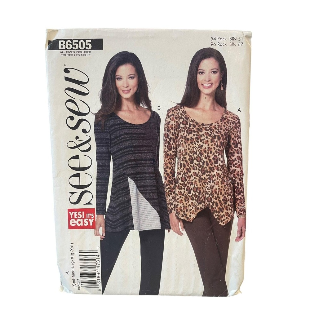 Butterick Sewing Pattern Misses S-XXL Tunic B6505 Easy Pullover Asymmetric Hem
